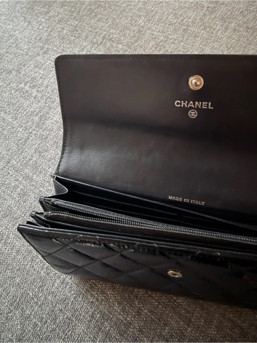 CHANEL Black Quilted Patent Leather Wallet with Silver CC Hardware